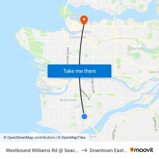 Westbound Williams Rd @ Seacote Rd to Downtown Eastside map
