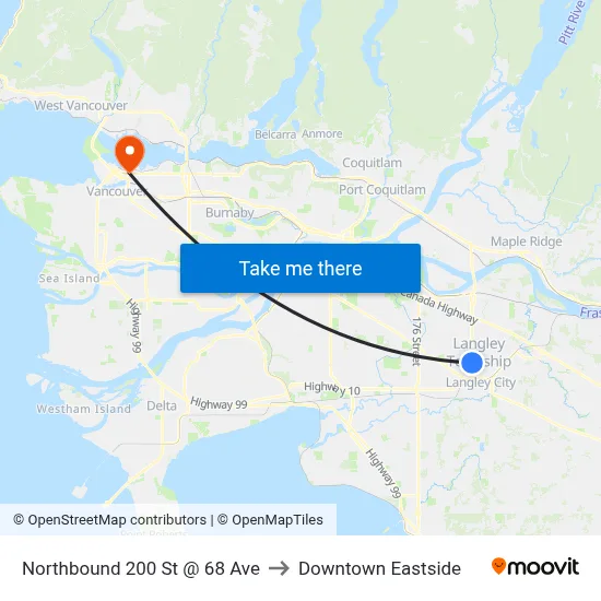 Northbound 200 St @ 68 Ave to Downtown Eastside map