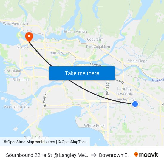 Southbound 221a St @ Langley Memorial Hospital to Downtown Eastside map