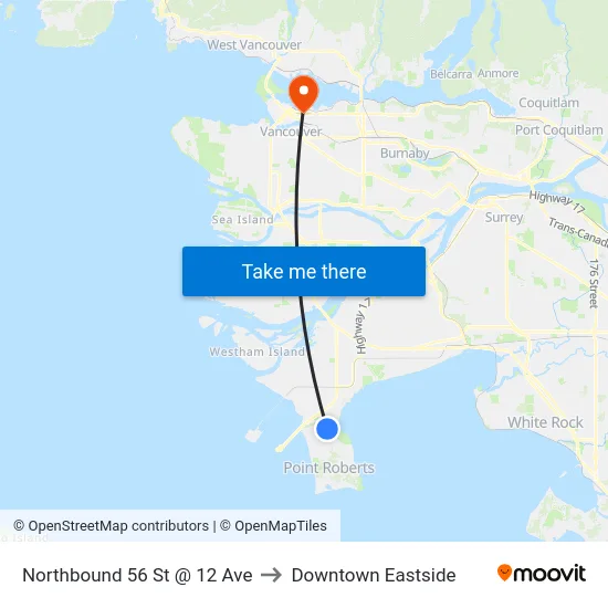Northbound 56 St @ 12 Ave to Downtown Eastside map