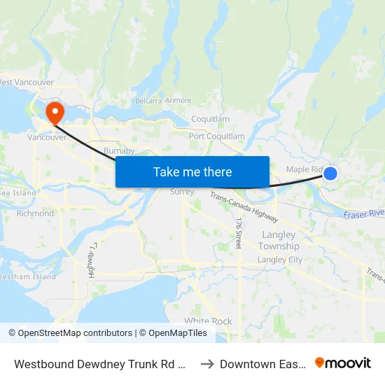 Westbound Dewdney Trunk Rd @ 240 St to Downtown Eastside map