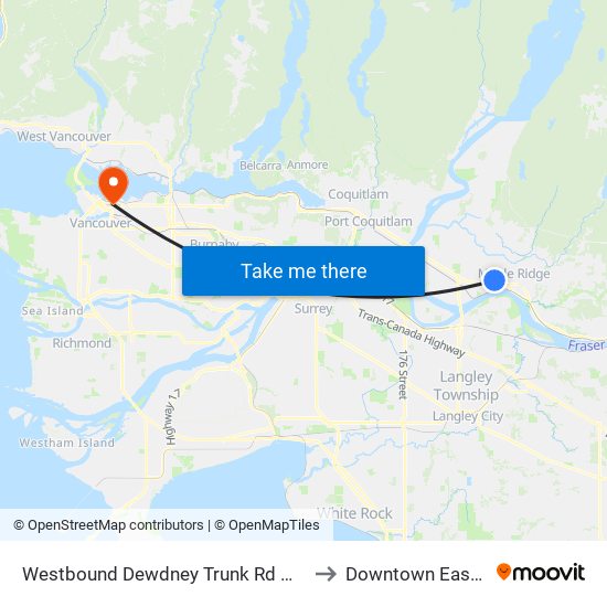 Westbound Dewdney Trunk Rd @ 216 St to Downtown Eastside map