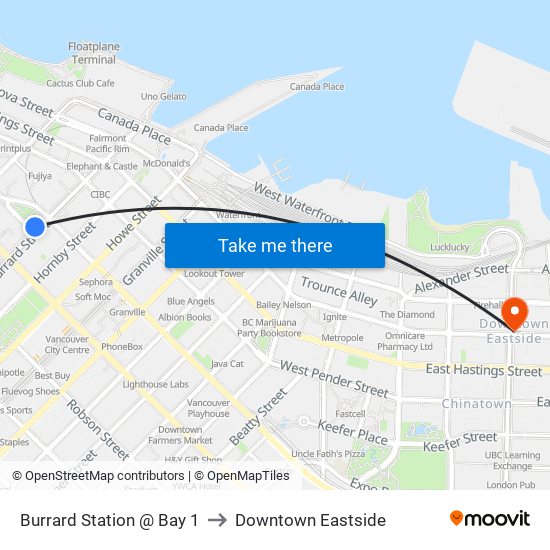 Burrard Station @ Bay 1 to Downtown Eastside map