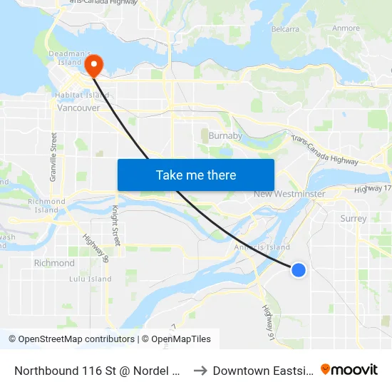 Northbound 116 St @ Nordel Way to Downtown Eastside map