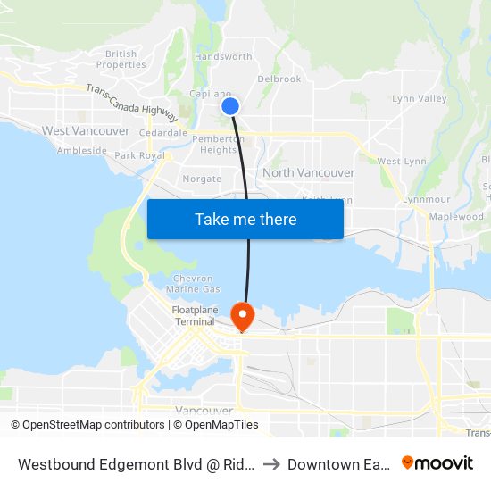 Westbound Edgemont Blvd @ Ridgewood Dr to Downtown Eastside map