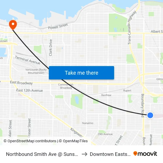 Northbound Smith Ave @ Sunset St to Downtown Eastside map