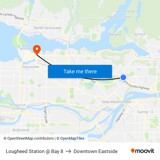 Lougheed Station @ Bay 8 to Downtown Eastside map