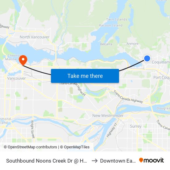 Southbound Noons Creek Dr @ Heather Place to Downtown Eastside map