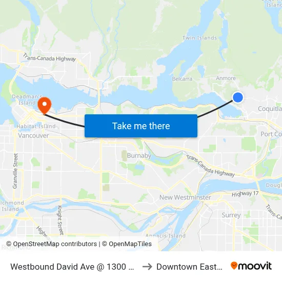Westbound David Ave @ 1300 Block to Downtown Eastside map