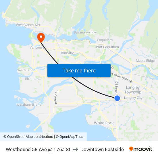 Westbound 58 Ave @ 176a St to Downtown Eastside map