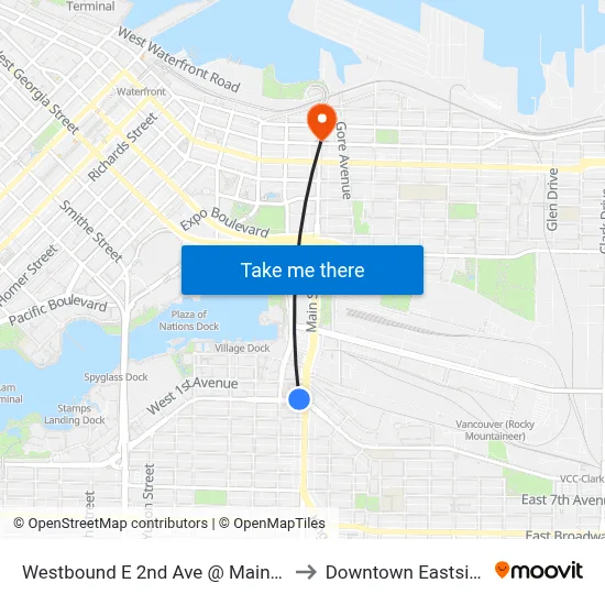Westbound E 2nd Ave @ Main St to Downtown Eastside map