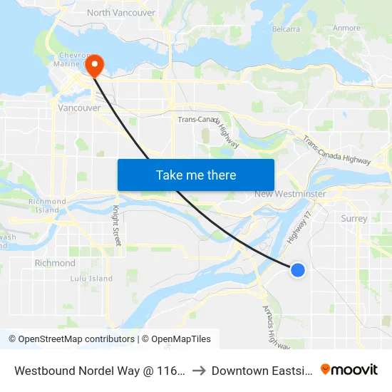 Westbound Nordel Way @ 116 St to Downtown Eastside map