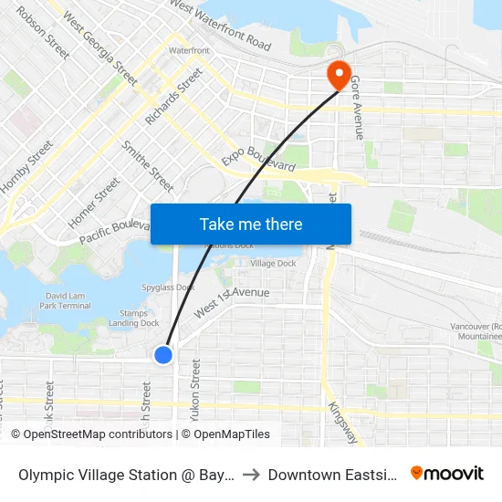 Olympic Village Station @ Bay 1 to Downtown Eastside map
