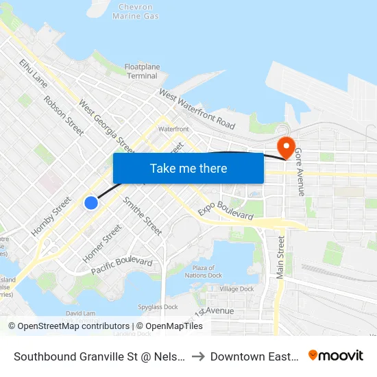 Southbound Granville St @ Nelson St to Downtown Eastside map