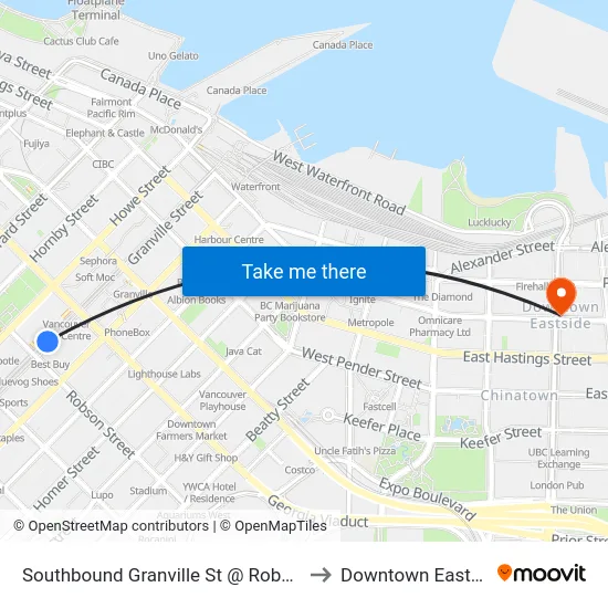 Southbound Granville St @ Robson St to Downtown Eastside map