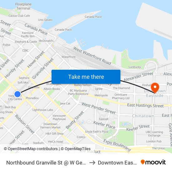 Northbound Granville St @ W Georgia St to Downtown Eastside map