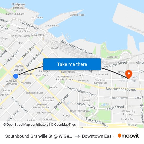 Southbound Granville St @ W Georgia St to Downtown Eastside map