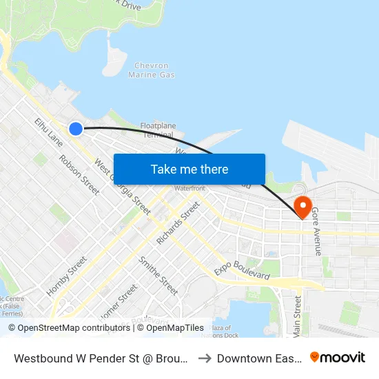 Westbound W Pender St @ Broughton St to Downtown Eastside map