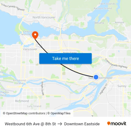 Westbound 6th Ave @ 8th St to Downtown Eastside map