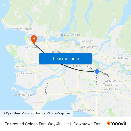 Eastbound Golden Ears Way @ 176 St to Downtown Eastside map