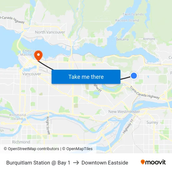 Burquitlam Station @ Bay 1 to Downtown Eastside map