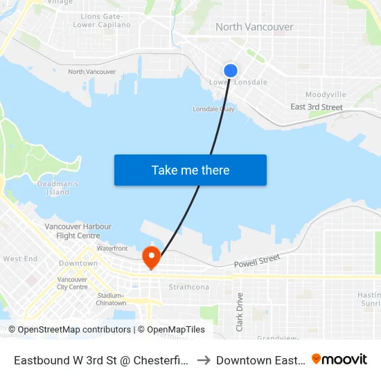Eastbound W 3rd St @ Chesterfield Ave to Downtown Eastside map