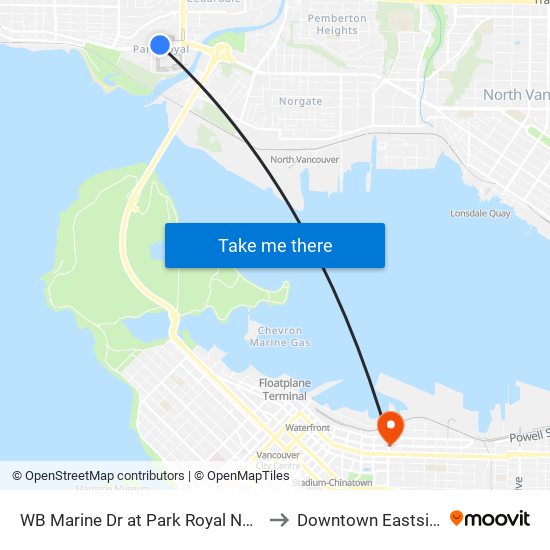 WB Marine Dr at Park Royal North to Downtown Eastside map