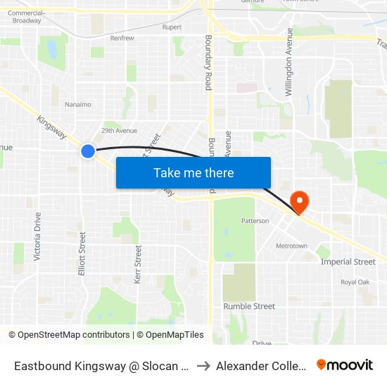 Eastbound Kingsway @ Slocan St to Alexander College map