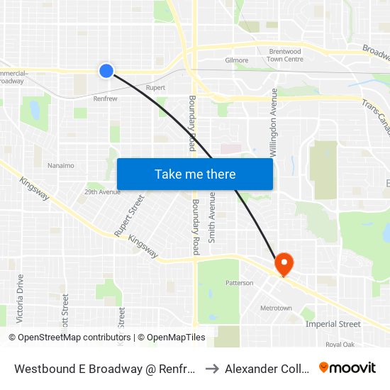 Westbound E Broadway @ Renfrew St to Alexander College map