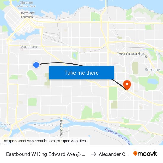 Eastbound W King Edward Ave @ Manitoba St to Alexander College map
