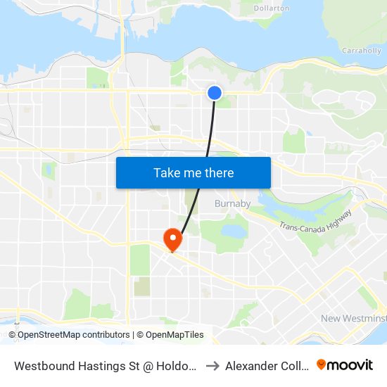 Westbound Hastings St @ Holdom Ave to Alexander College map