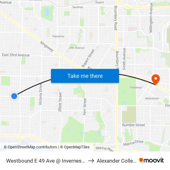 Westbound E 49 Ave @ Inverness St to Alexander College map