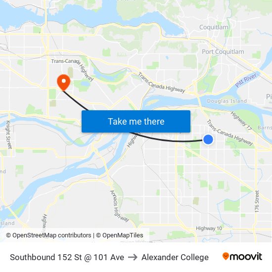 Southbound 152 St @ 101 Ave to Alexander College map