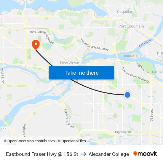 Eastbound Fraser Hwy @ 156 St to Alexander College map