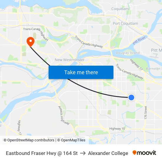 Eastbound Fraser Hwy @ 164 St to Alexander College map