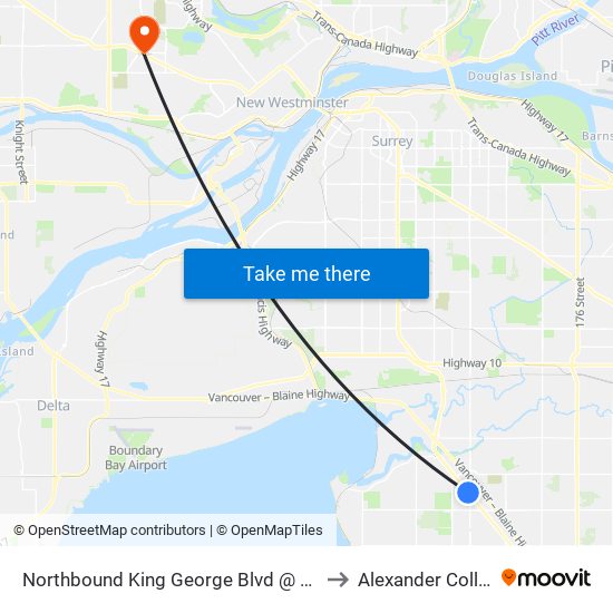 Northbound King George Blvd @ 152 St to Alexander College map