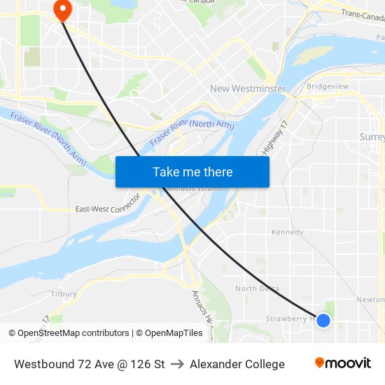 Westbound 72 Ave @ 126 St to Alexander College map