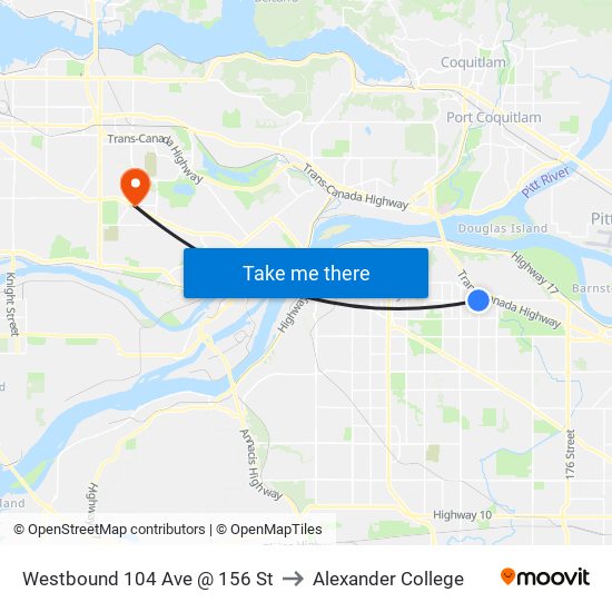 Westbound 104 Ave @ 156 St to Alexander College map