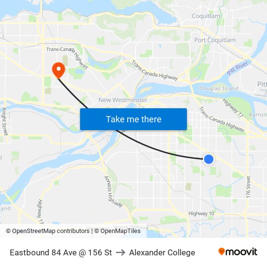 Eastbound 84 Ave @ 156 St to Alexander College map