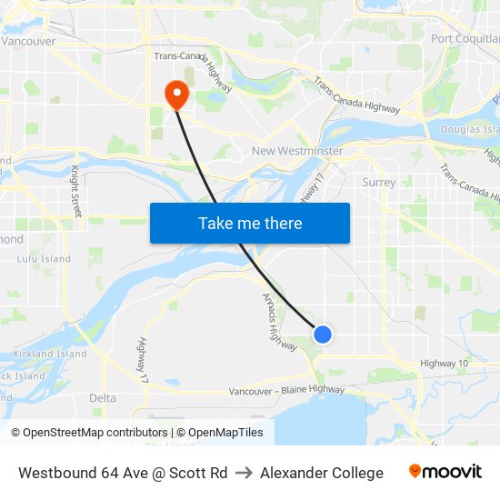 Westbound 64 Ave @ Scott Rd to Alexander College map