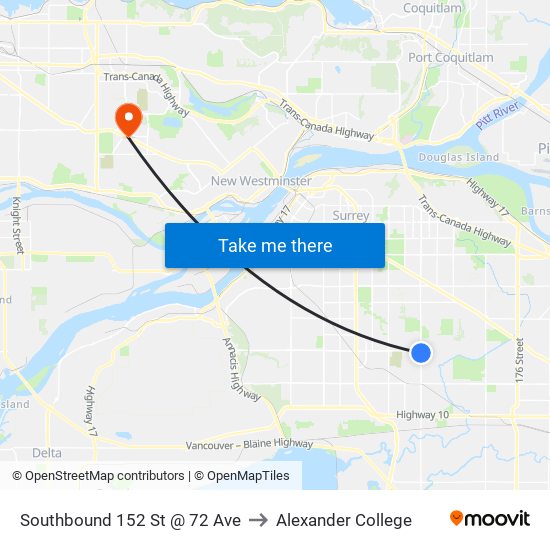 Southbound 152 St @ 72 Ave to Alexander College map