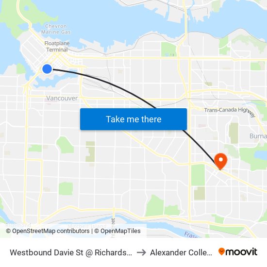 Westbound Davie St @ Richards St to Alexander College map