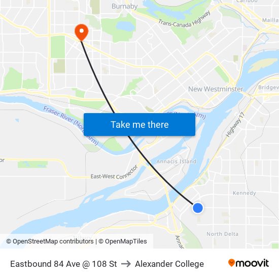 Eastbound 84 Ave @ 108 St to Alexander College map