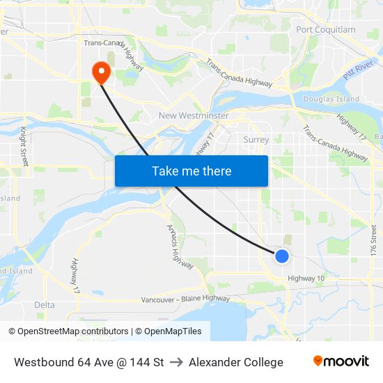 Westbound 64 Ave @ 144 St to Alexander College map