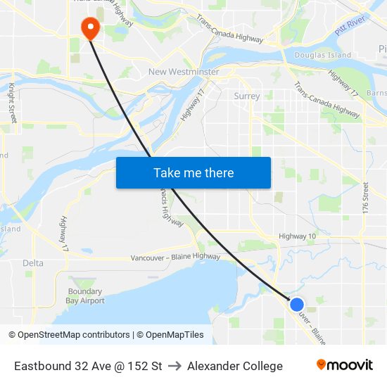 Eastbound 32 Ave @ 152 St to Alexander College map