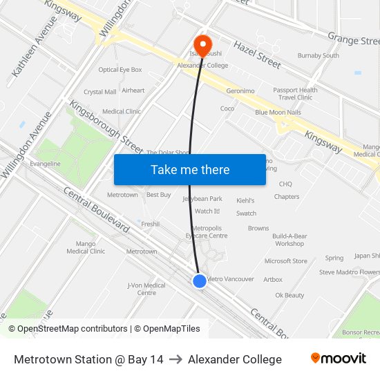 Metrotown Station @ Bay 14 to Alexander College map