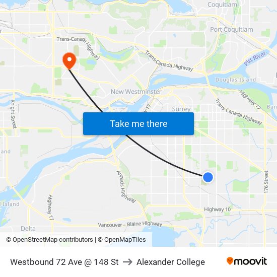 Westbound 72 Ave @ 148 St to Alexander College map