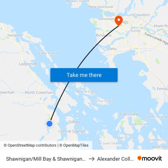Shawnigan/Mill Bay & Shawnigan Lake to Alexander College map