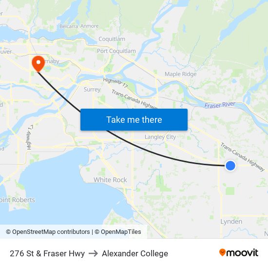 276 St & Fraser Hwy to Alexander College map
