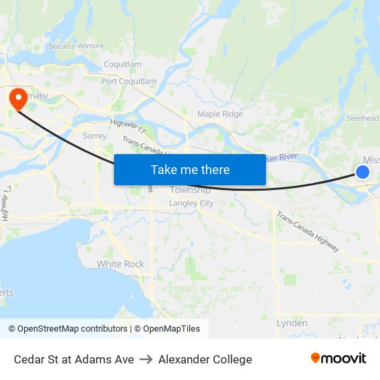 Cedar & Adams to Alexander College map